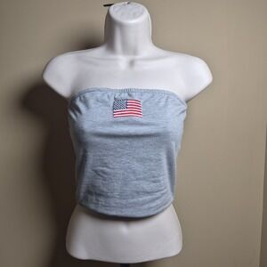 Forever 21 Womens Heather Grey American Flag Patch Tube Top Strapless Crop Small